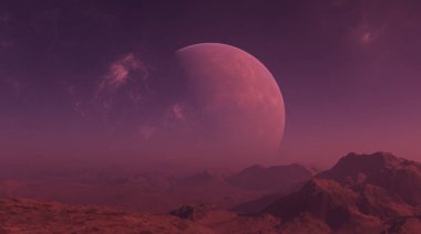 3D render uzay sanat: Alien Planet - A fantezi yatay, Kızıl gökyüzü ve sisli gökyüzü