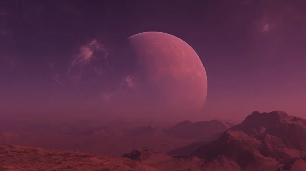 3d рендеринг Space Art: Alien Planet - Фантастичний пейзаж з червоним небом і туманним небом — стокове фото
