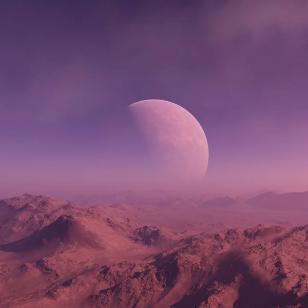 3d render Uzay Sanatı: Alien Planet - mor gökyüzü ve bulutlar ile Fantezi Manzara — Stok fotoğraf