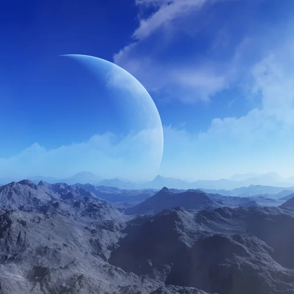 3d renderizado Arte Espacial: Planeta Extraterrestre - Un Paisaje de Fantasía con cielos azules y nubes — Foto de Stock