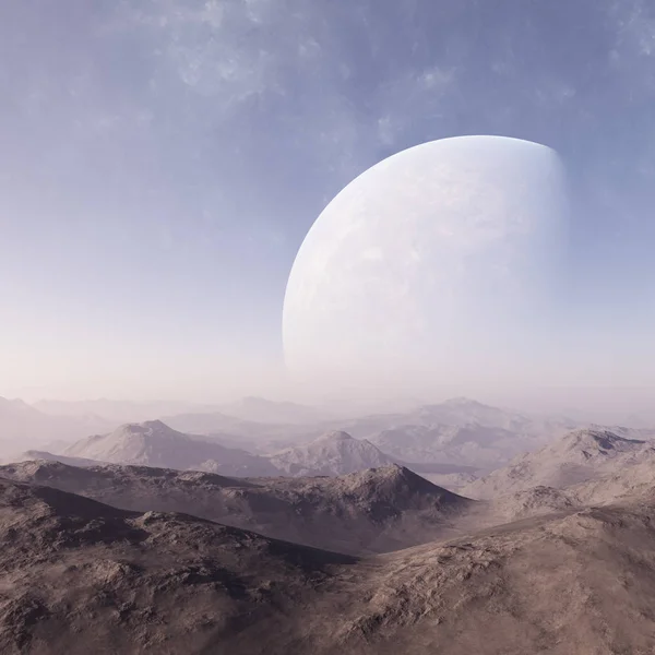 Трехмерное космическое искусство: Планета пришельцев - Фантастический ландшафт с голубым небом и облаками — стоковое фото