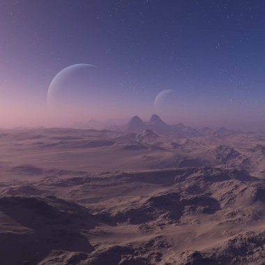 3D Yapılandırılmış Uzay Sanatı: Uzaylı Gezegeni - Mavi gökyüzü ve yıldızlı Fantezi Manzarası