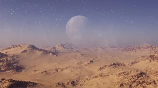 3d render Uzay Sanatı: Alien Planet - Mavi gökyüzü ve yıldız ile Bir Fantezi Çöl Manzara