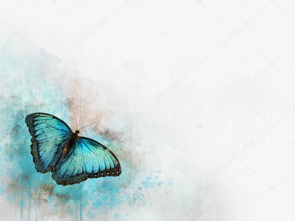 Watercolor image of a blue butterfly on a vintage background. Handmade illustration. Animal world of insects.