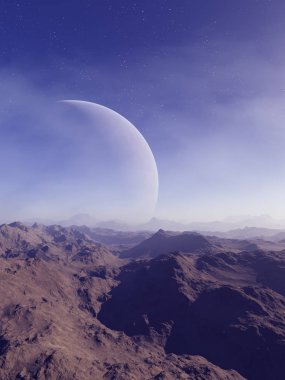 3D Yapılandırılmış Uzay Sanatı: Uzaylı Gezegeni - Mavi gökyüzü ve bulutlu Fantezi Manzarası