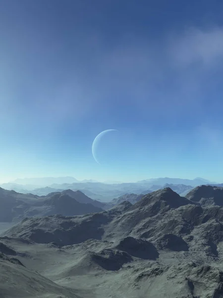 3D Yapılandırılmış Uzay Sanatı: Uzaylı Gezegeni - Mavi gökyüzü ve bulutlu Fantezi Manzarası — Stok fotoğraf
