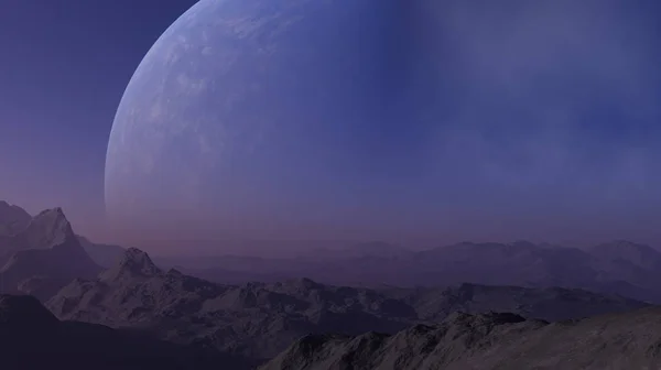 3d renderizado Arte Espacial: Planeta Extraterrestre - Un Paisaje de Fantasía con cielos azules y nubes — Foto de Stock