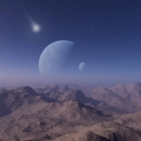 3d renderizado Arte Espacial: Planeta Extraterrestre - Un Paisaje de Fantasía con cielos azules y nubes — Foto de Stock