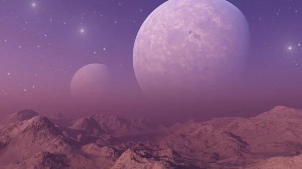 3d renderizado Arte Espacial: Planeta Extraterrestre - Un Paisaje de Fantasía con cielos y estrellas púrpuras — Foto de Stock