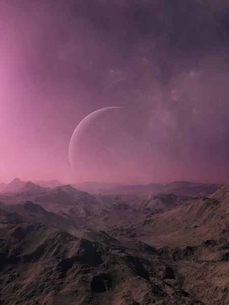 3d renderizado Arte Espacial: Planeta Extraterrestre - Un Paisaje de Fantasía con cielos púrpura — Foto de Stock