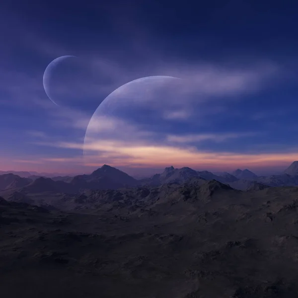 3d renderizzato Space Art: Alien Planet - Un paesaggio fantastico con cieli blu e nuvole — Foto Stock