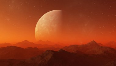 3D Yapılandırılmış Uzay Sanatı: Uzaylı Gezegeni - Kızıl gökyüzü ve yıldızlı Fantezi Manzarası