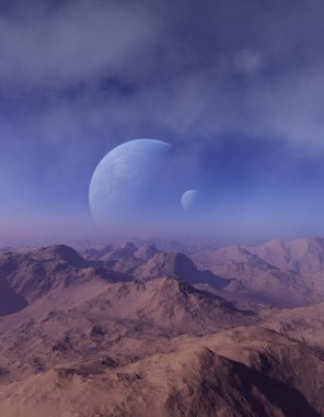 3D Yapılandırılmış Uzay Sanatı: Uzaylı Gezegeni - Mavi gökyüzü ve bulutlu Fantezi Manzarası