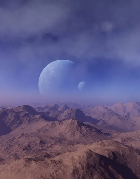 3D рендеринг Space Art: Alien Planet - Фантастичний пейзаж з блакитним небом і хмарами — стокове фото