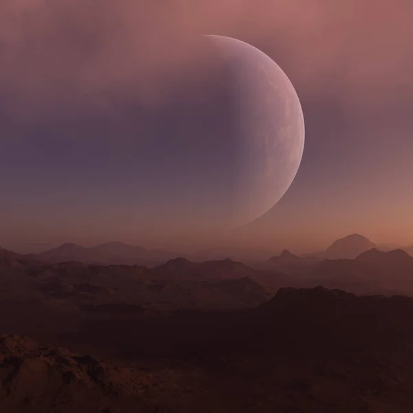 3D рендеринг Space Art: Alien Planet - Фантастичний пейзаж з темним небом і хмарами — стокове фото