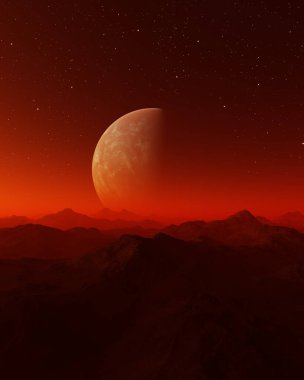 3D Yapılandırılmış Uzay Sanatı: Uzaylı Gezegeni - Kızıl gökyüzü ve yıldızlı Fantezi Manzarası