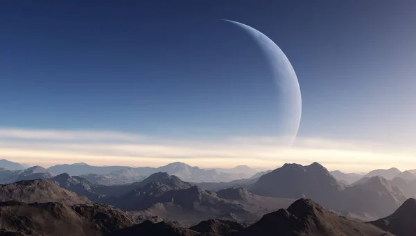 3d renderizado Arte Espacial: Planeta Extraterrestre - Un Paisaje de Fantasía con cielos azules — Foto de Stock