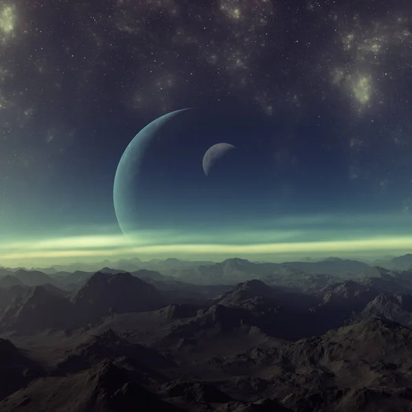 3D-renderad rymdkonst: Alien Planet - Ett fantasilandskap med blå himmel och stjärnor — Stockfoto