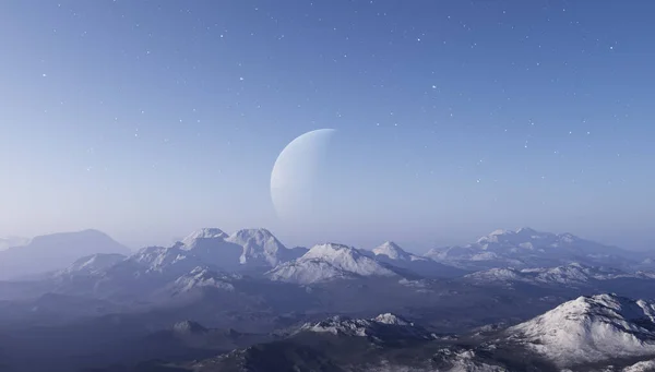 3d renderizado Arte Espacial: Planeta Extraterrestre - Un Paisaje de Fantasía congelado con cielos azules — Foto de Stock