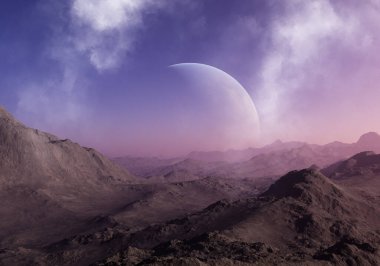 3D Yapılandırılmış Uzay Sanatı: Uzaylı Gezegeni - Mavi gökyüzü ve bulutlu Fantezi Manzarası