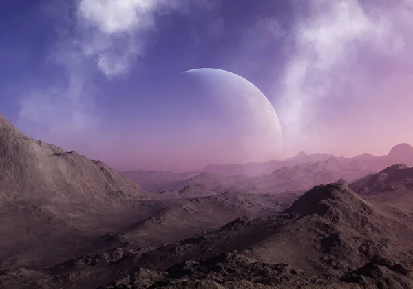 Рендеринг Space Art Alien Planet Фантастичний Пейзаж Блакитним Небом Хмарами — стокове фото