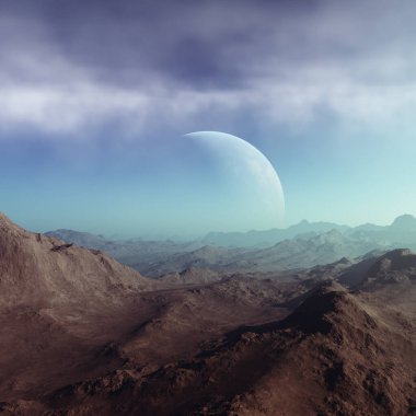 3D Yapılandırılmış Uzay Sanatı: Uzaylı Gezegeni - Mavi gökyüzü ve bulutlu Fantezi Manzarası