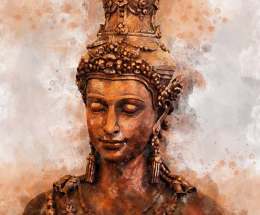 Buda heykelinin suluboya resmi, barış ve bilgelik için imza.