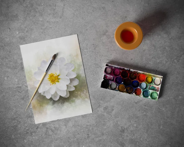 Artistieke Apparatuur Studio Schetsblok Tafel Verf Borstels Verf Kopieer Ruimte — Stockfoto