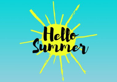 Merhaba yaz afişi tasarımı. Merhaba mavi arka planda tropikal mevsim için güneş elementi içeren yaz metni.