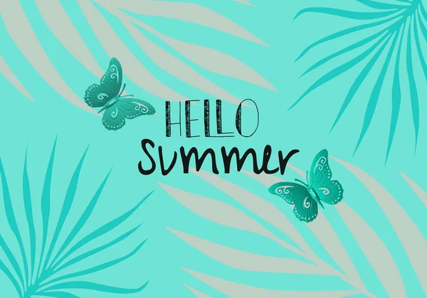 こんにちは夏のバナーデザイン こんにちは夏のテキストで太陽の要素のための熱帯季節のミントグリーンの背景 — ストック写真