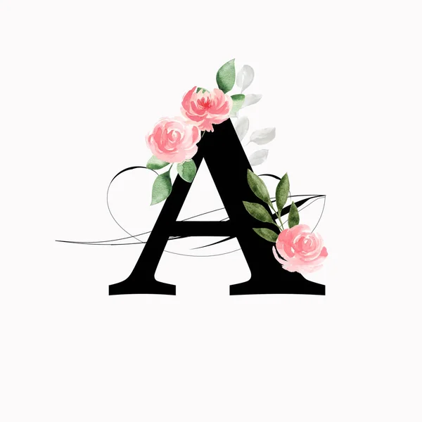 Bloemen Monogram Letter Versierd Met Roze Rozen Bladeren Aquarel — Stockfoto