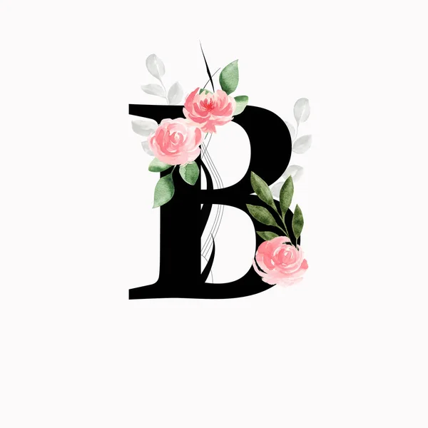 Bloemen Monogram Letter Versierd Met Roze Rozen Bladeren Aquarel — Stockfoto