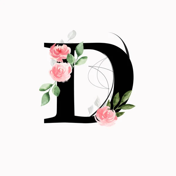 Floral Monogram Letter Decorated Pink Roses Leaves Watercolor — Stock Photo, Image