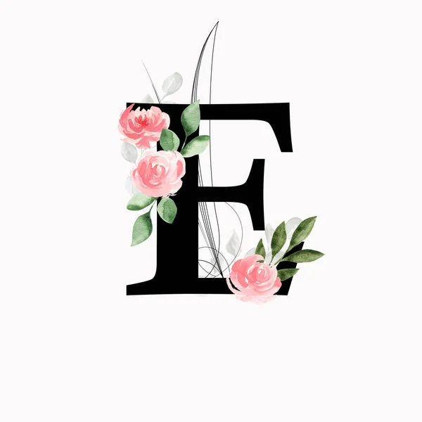 Floral Μονόγραμμα Γράμμα Διακοσμημένο Ροζ Τριαντάφυλλα Και Φύλλα Ακουαρέλα — Φωτογραφία Αρχείου