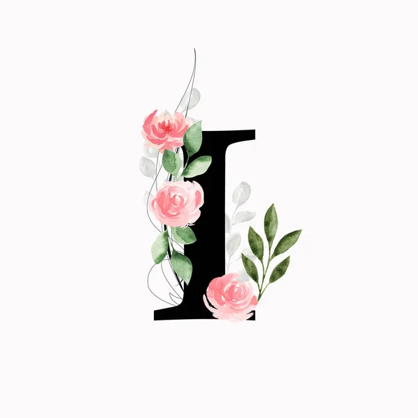 字母I 用粉色玫瑰和叶子装饰 水彩画 — 图库照片