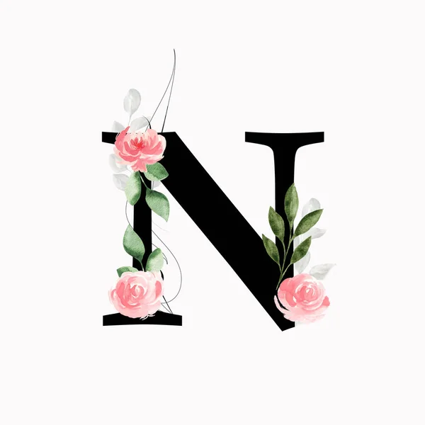 Bloemen Monogram Letter Versierd Met Roze Rozen Bladeren Aquarel — Stockfoto