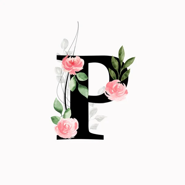 Monogram Kwiatowy Litera Ozdobiony Różowymi Różami Liśćmi Akwarela — Zdjęcie stockowe
