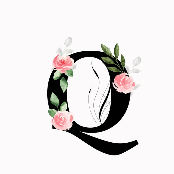 Virágos Monogram Betű Rózsaszín Rózsákkal Levelekkel Díszítve Akvarell — Stock Fotó