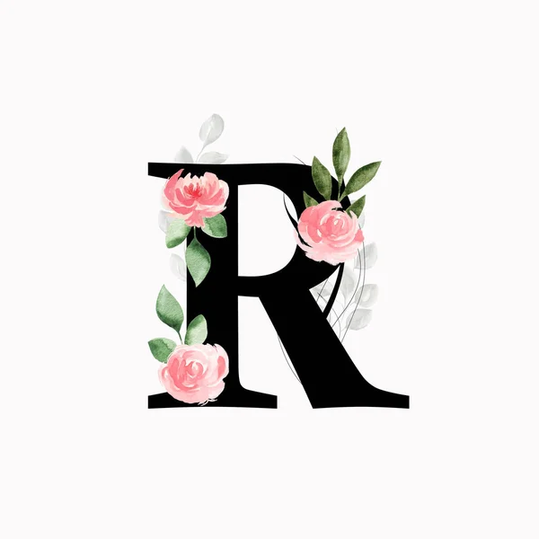 Floral Μονόγραμμα Γράμμα Διακοσμημένο Ροζ Τριαντάφυλλα Και Φύλλα Ακουαρέλα — Φωτογραφία Αρχείου