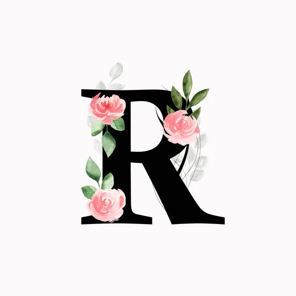 Bloemen Monogram Letter Versierd Met Roze Rozen Bladeren Aquarel — Stockfoto