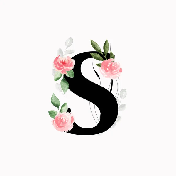 花のモノグラム 手紙S ピンクのバラと葉で飾られ 水彩画 — ストック写真