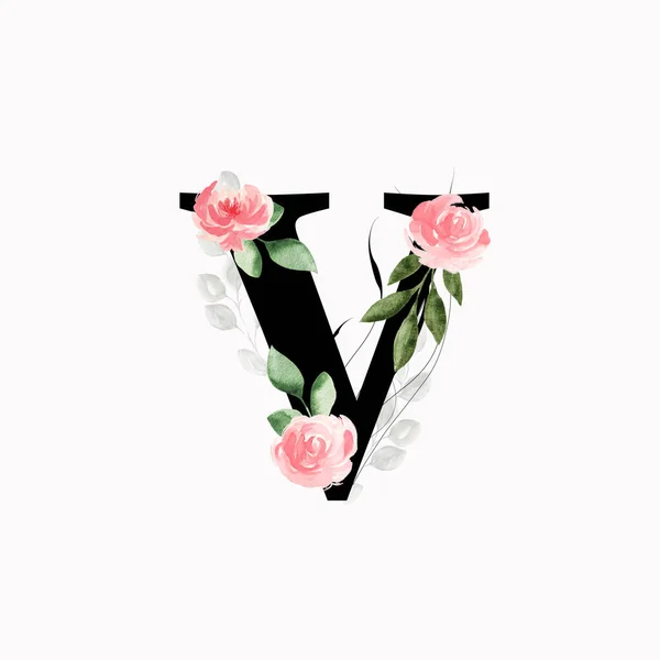 Цветочная Монограмма Буква Украшена Розовыми Розами Листьями Акварелью — стоковое фото