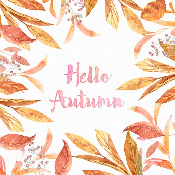 Kartka Żółtymi Czerwonymi Jesiennymi Liśćmi Napisem Hello Autumn Ilustracja Akwarela — Zdjęcie stockowe