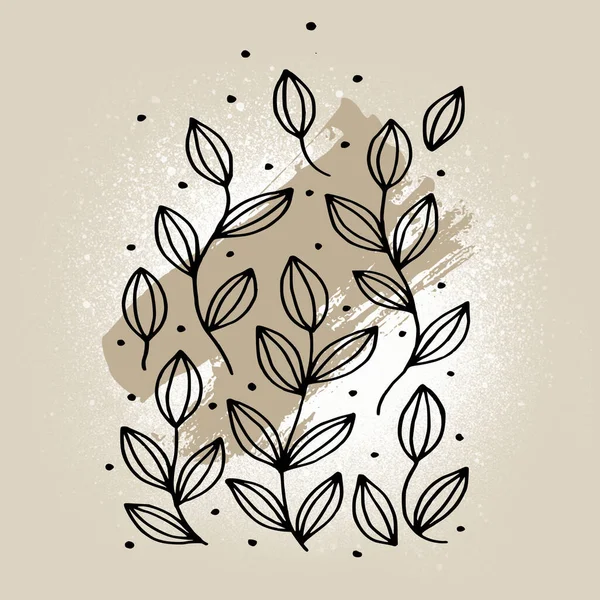 Graphical floral illustration.Leaves line art, beige pattern background.