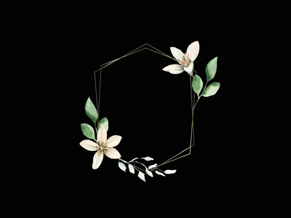 Gold Frame Template White Flowers Monogram Concept Minimal Linear Style — Stock Photo, Image