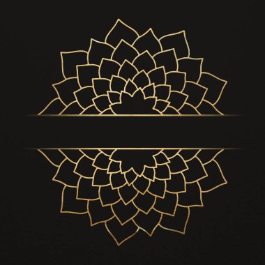 Siyah arka planda izole edilmiş altın renkli parlak çiçek formları. Mandala. Altın lüks, zarif bir çiçek tasarımı. Resim şablonu.