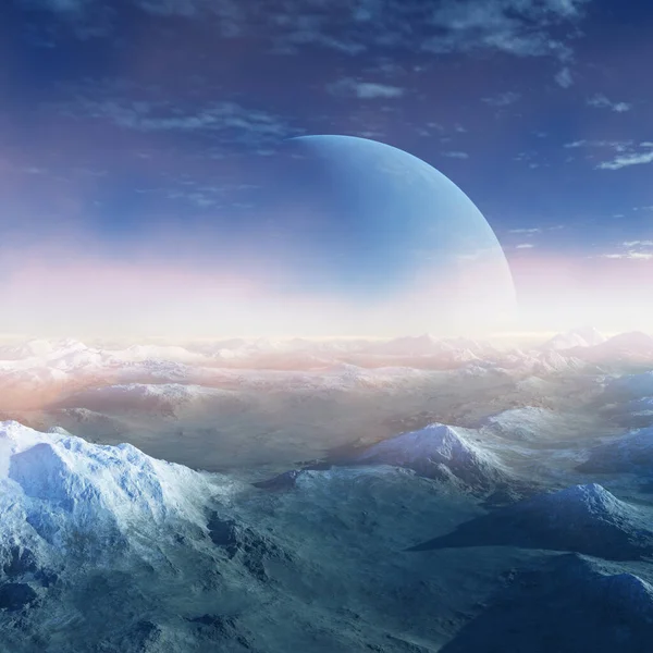 3Dレンダリングされた空間アート 雪の中のエイリアン惑星 ファンタジー冬の風景 — ストック写真