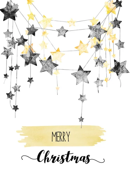 Veselé Vánoce Šťastný Nový Rok Přání Žlutými Antracitovými Hvězdami — Stock fotografie
