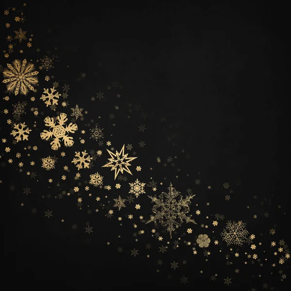 Κομψό Σκούρο Φόντο Χειμώνα Χρυσές Νιφάδες Χιονιού Χριστουγεννιάτικη Κάρτα — Φωτογραφία Αρχείου