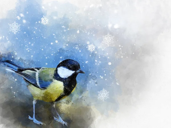 Little Big Tit Snowflakes Watercolor Digital Painting Vintage Effect Bird — Stock Photo, Image